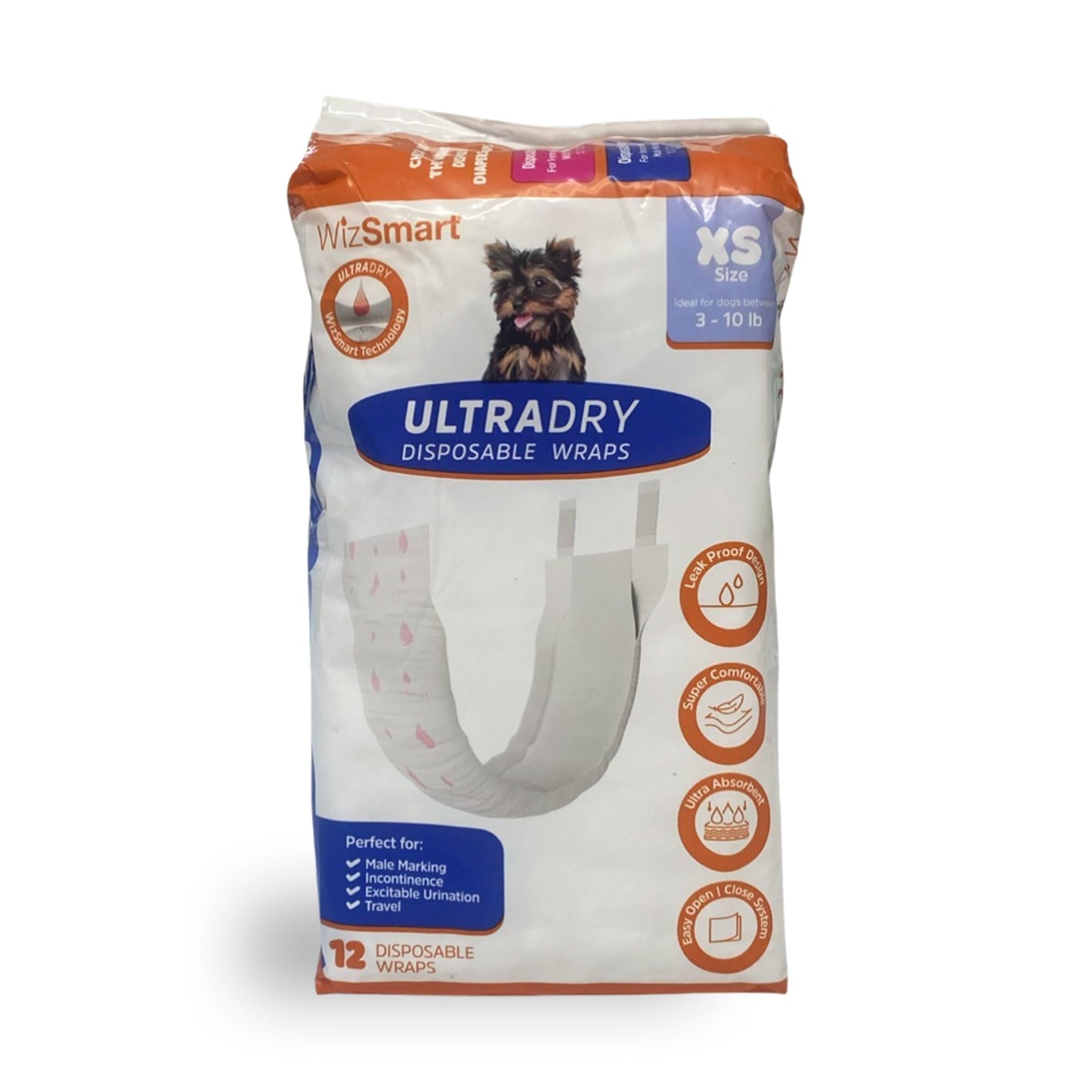 wizsmart ultra dry male dog wraps for extra small 3-10 lbs dogs – disposable diapers with leak protection, comfort fit, fresh smell for incontinence, marking, urination, travel or home - 12 count