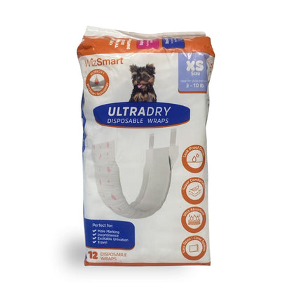 WizSmart Ultra Dry Male Dog Wraps for Extra Small 3-10 lbs Dogs – Disposable Diapers with Leak Protection, Comfort Fit, Fresh Smell for Incontinence, Marking, Urination, Travel or Home - 12 Count