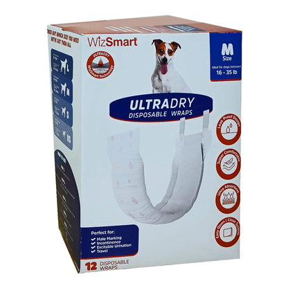 WizSmart Ultra Dry Male Dog Wraps for Medium 16-35 lbs Dogs – Disposable Diapers with Leak Protection, Comfort Fit, Fresh Smell for Incontinence, Marking, Urination, Travel or Home - 12 Count
