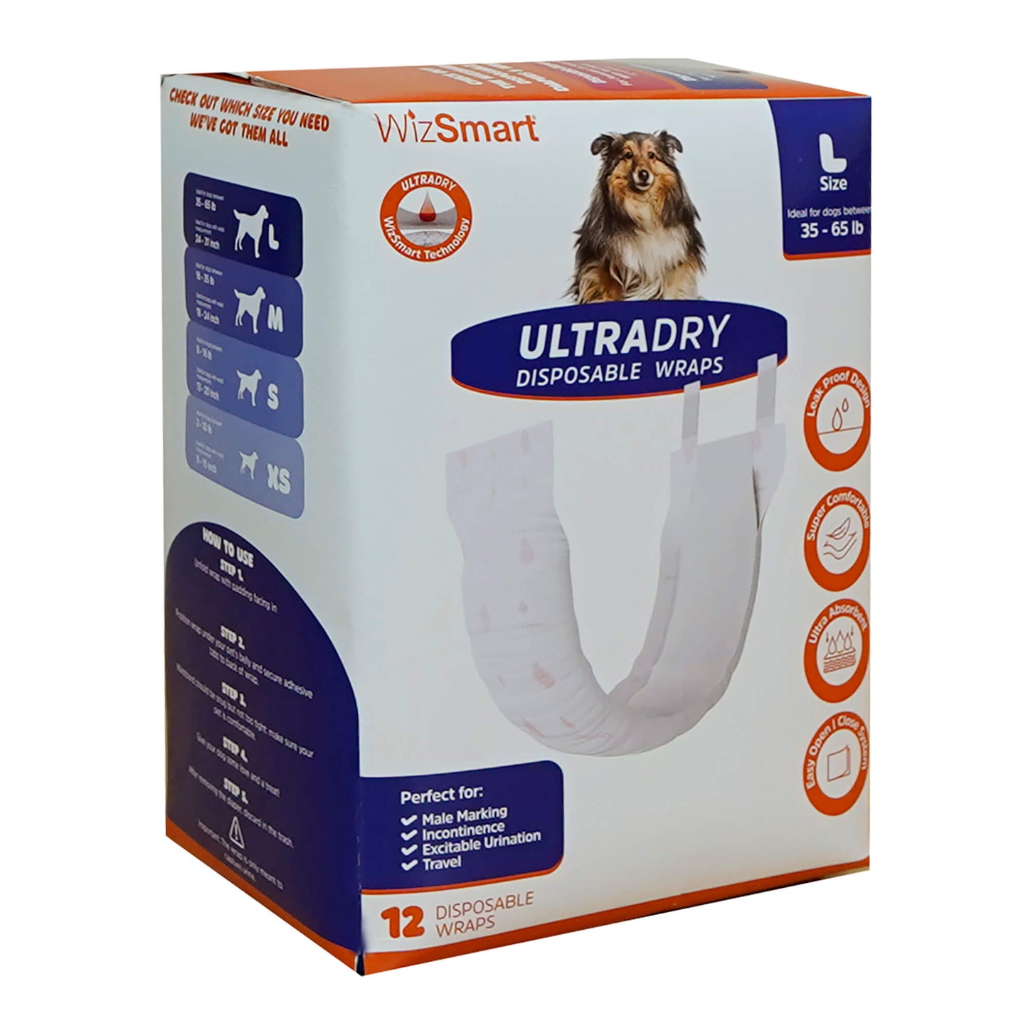 wizsmart ultra dry male dog wraps for large 35-65 lbs dogs – disposable diapers with leak protection, comfort fit, fresh smell for incontinence, marking, urination, travel or home - 12 count