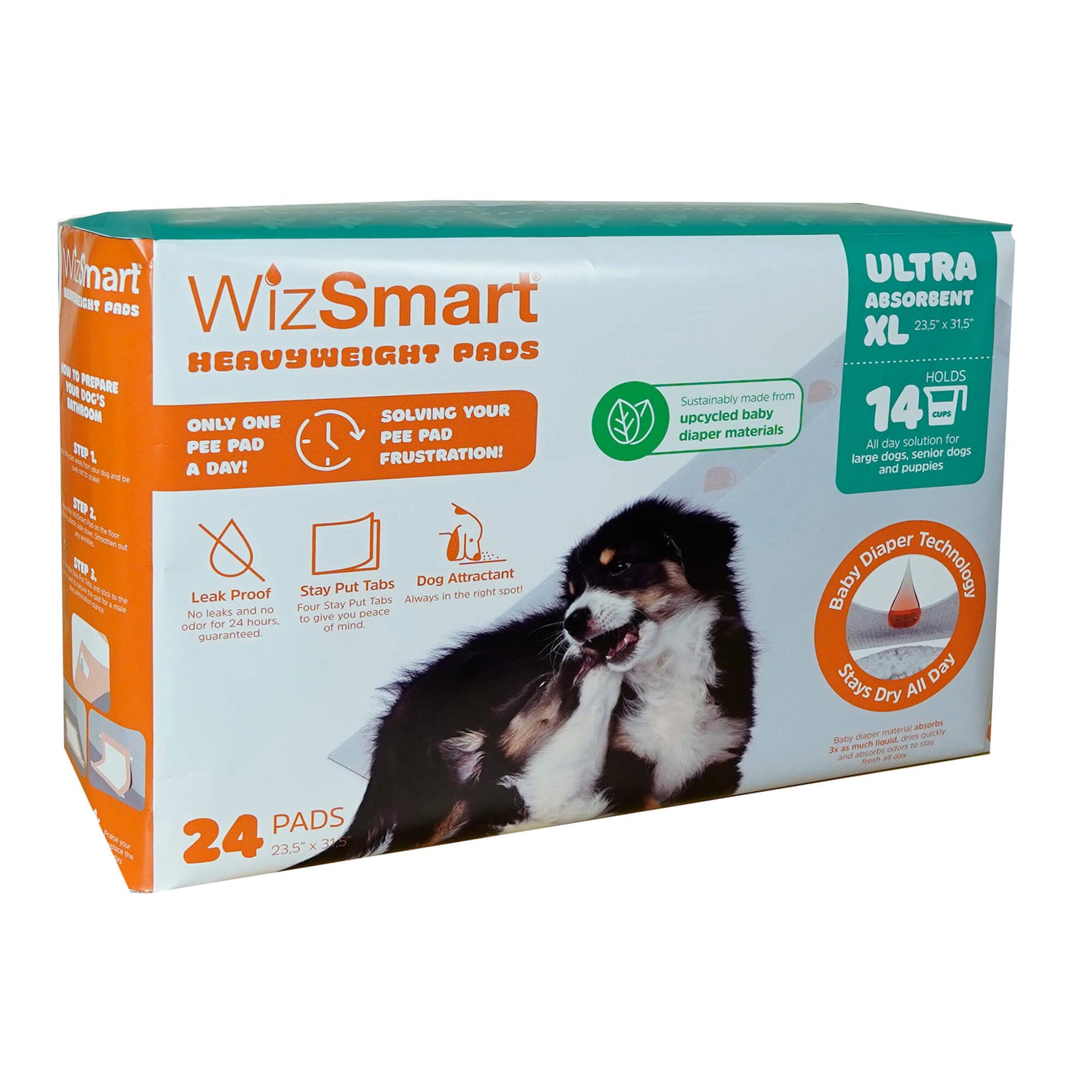 wizsmart heavyweight dog pee pads for large dogs, puppies, seniors – ultra absorbent, leak proof, odor control, quick dry, xl training pads with stay put tabs – 23.5" x 31.5", 14 cup capacity