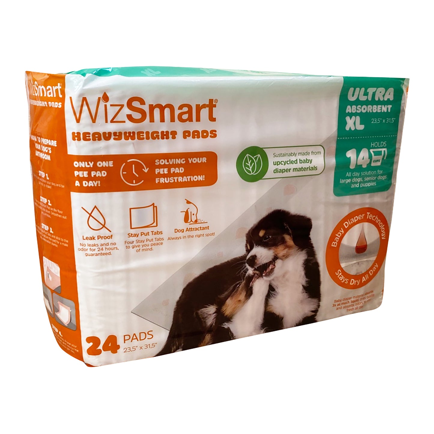 wizsmart heavyweight dog pee pads for large dogs, puppies, seniors – ultra absorbent, leak proof, odor control, quick dry, xl training pads with stay put tabs – 23.5" x 31.5", 14 cup capacity