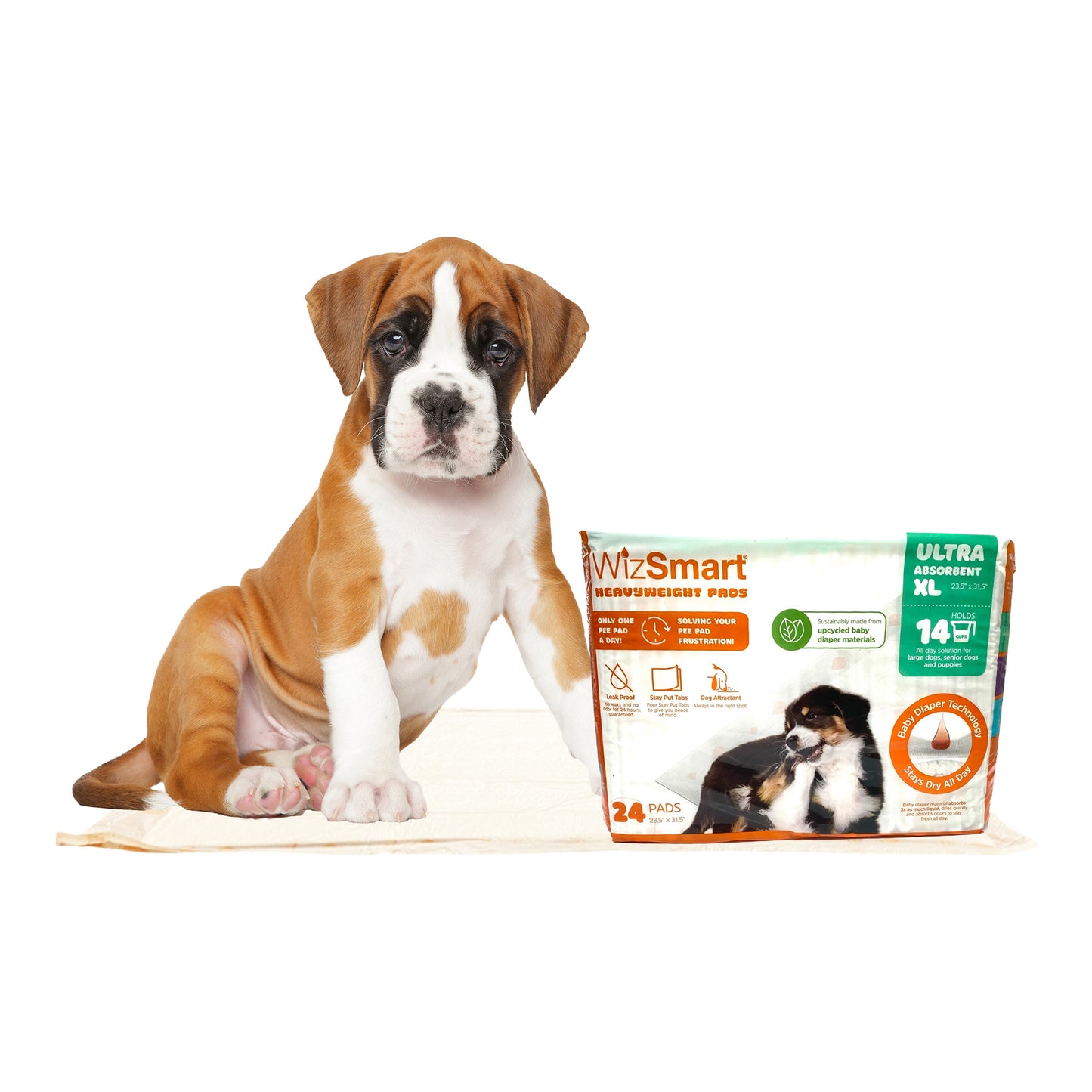 wizsmart heavyweight dog pee pads for large dogs, puppies, seniors – ultra absorbent, leak proof, odor control, quick dry, xl training pads with stay put tabs – 23.5" x 31.5", 14 cup capacity