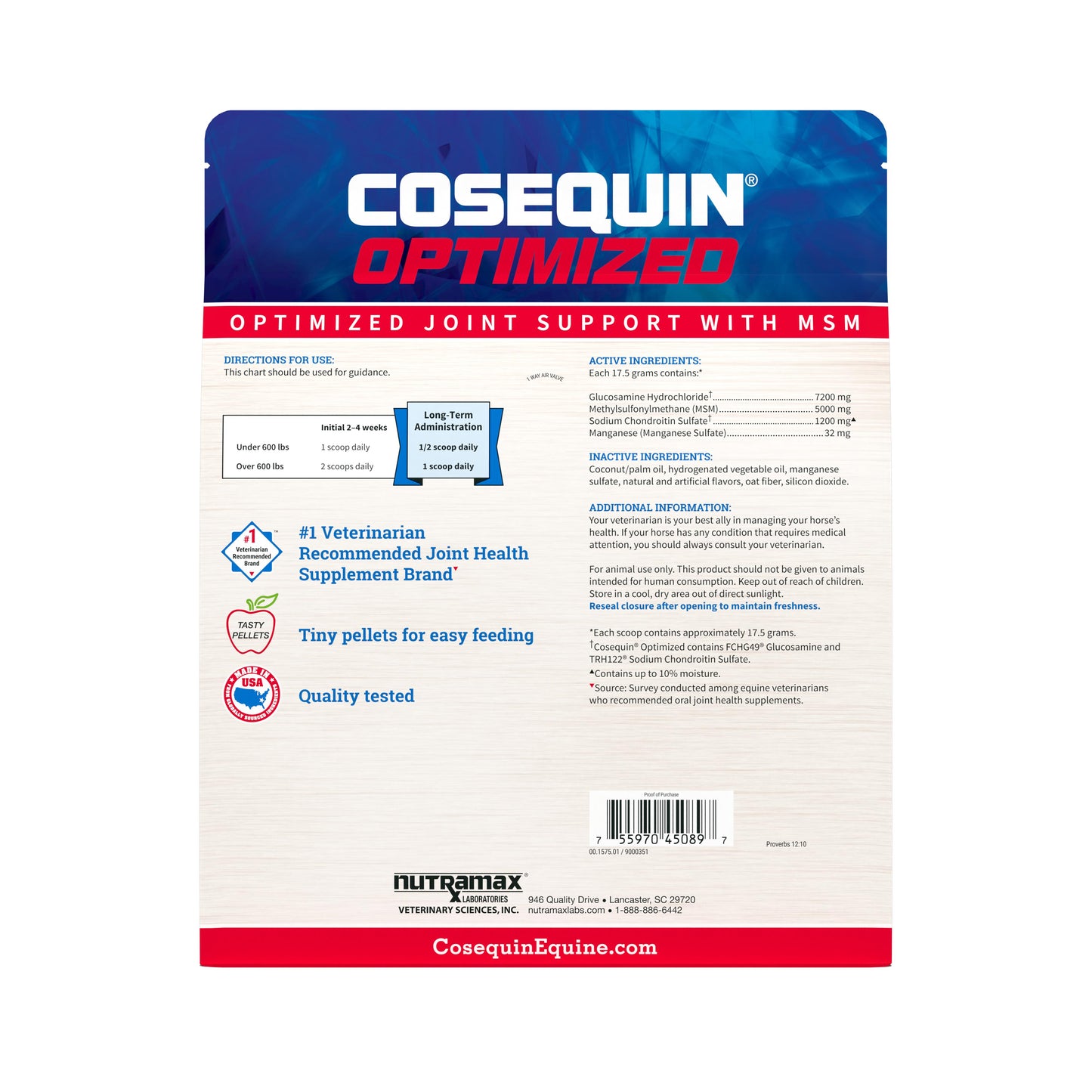 cosequin optimized pellets with msm joint health supplement for horses, 1400 grams