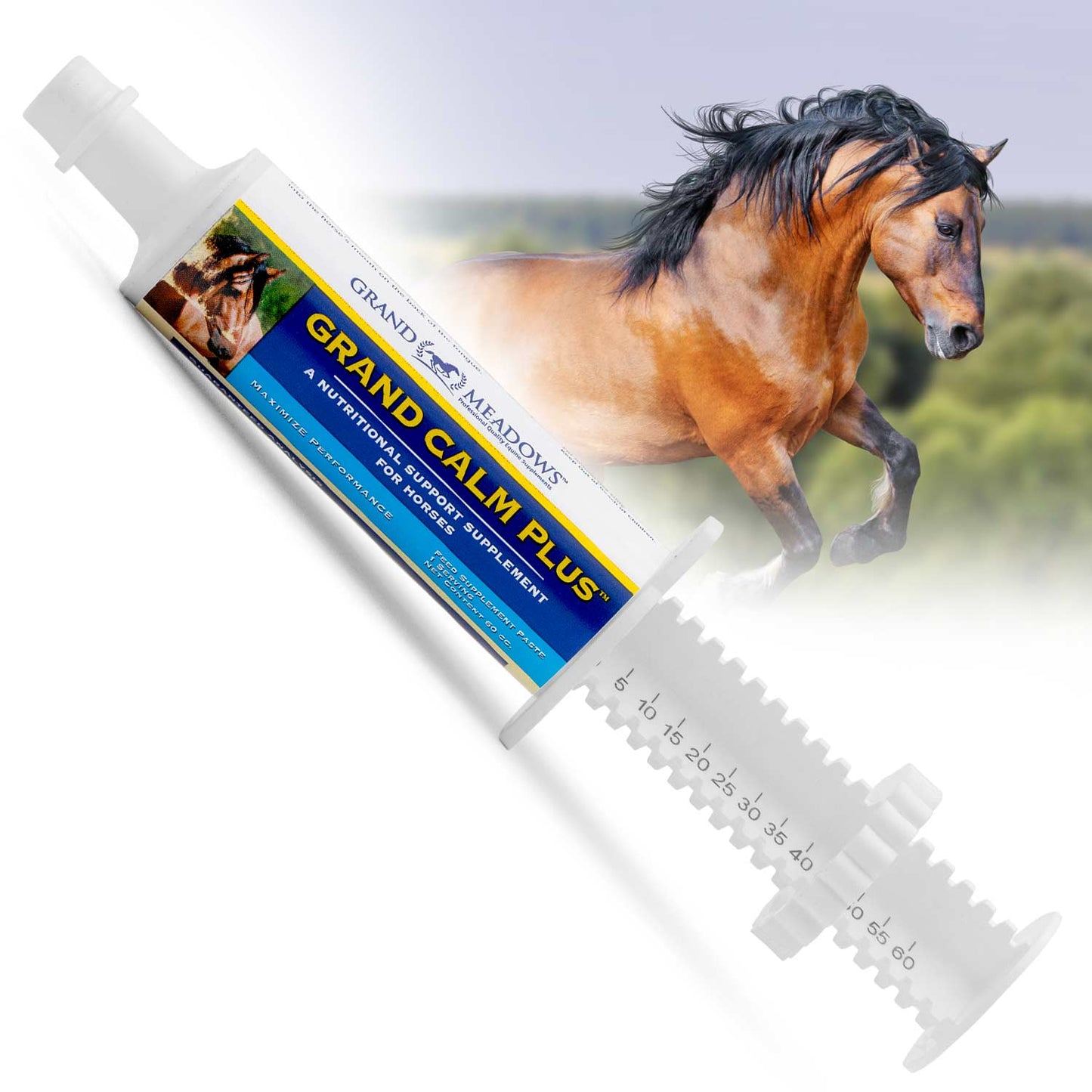 grand meadows calm paste horse supplement 60 cc - apple flavor, magnesium and l-theanine for horses, ponies - ranch, farm, barn, training, trailering, shows, riding, equestrian supplies