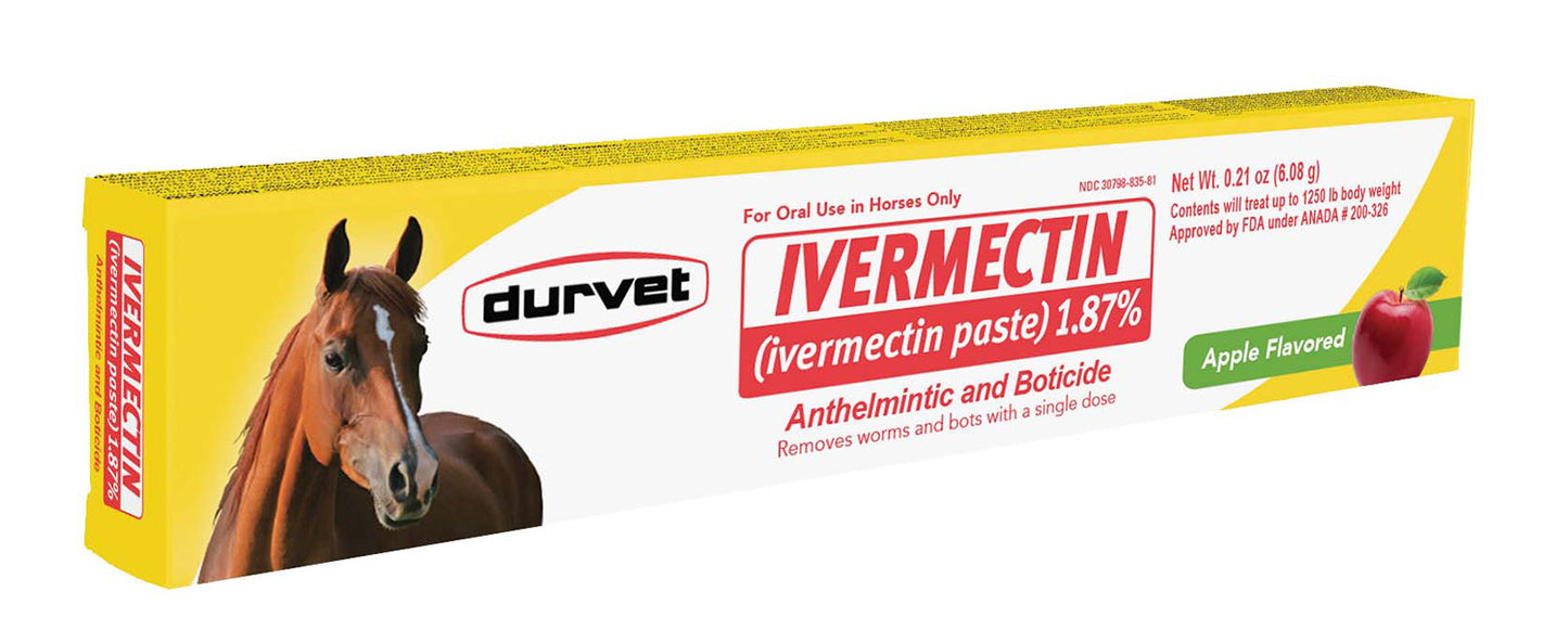 ivermectin horse dewormer paste (durvet label) 1.87%, apple flavor, 6.08gm
