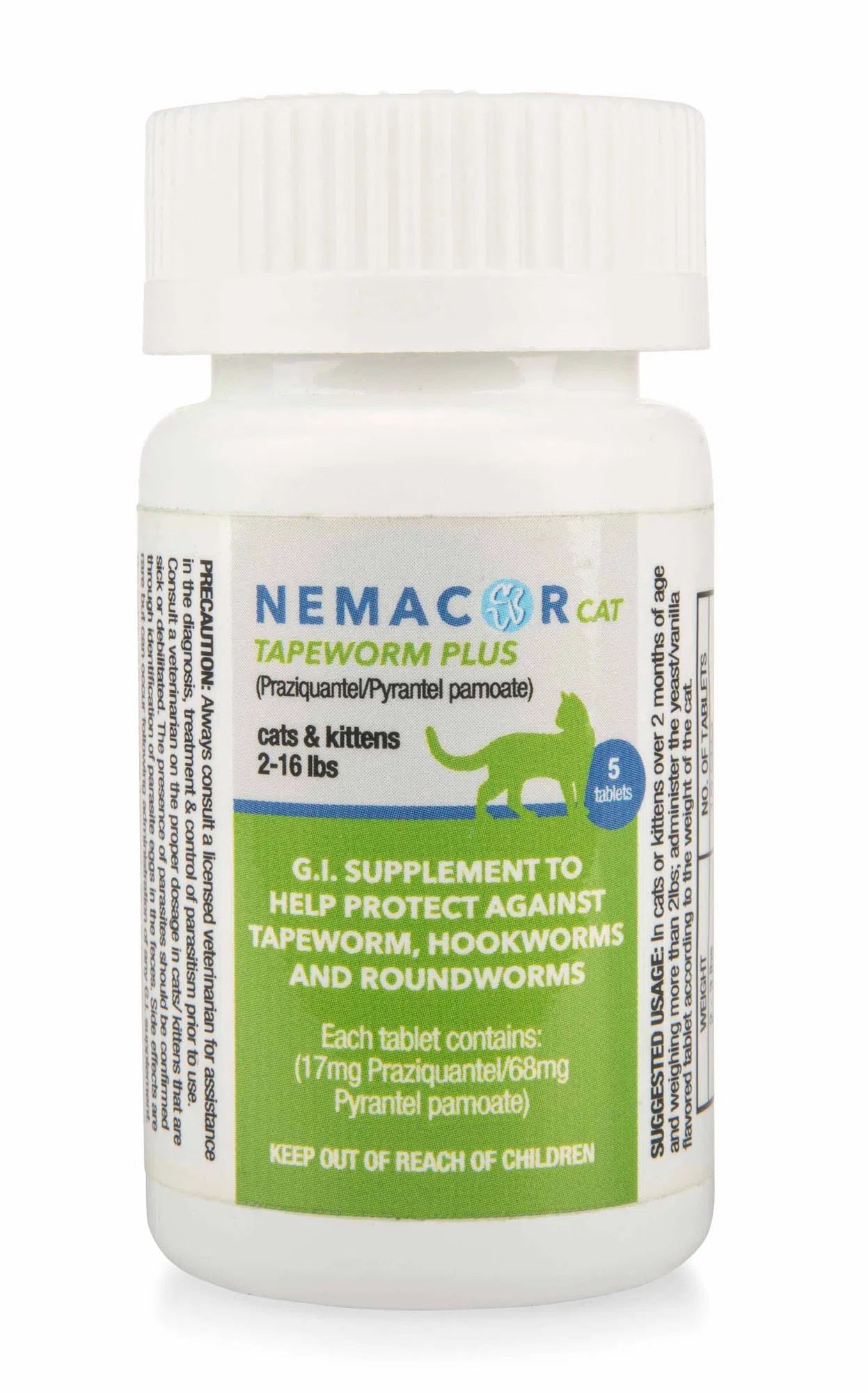 nemacor plus g.i. support supplement for cats, 5 count - small scored tablets with vanilla yeast flavor, promotes digestive wellness & intestinal health