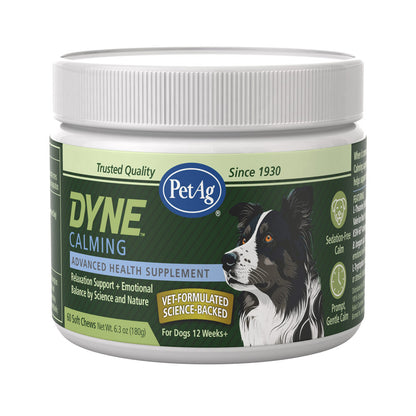 PetAg Dyne Soft Chews Calming Support and Stress Relief from Loud Noises, Travel & Separation Non-Sedative, Chicken Liver Flatvored, 60 Count