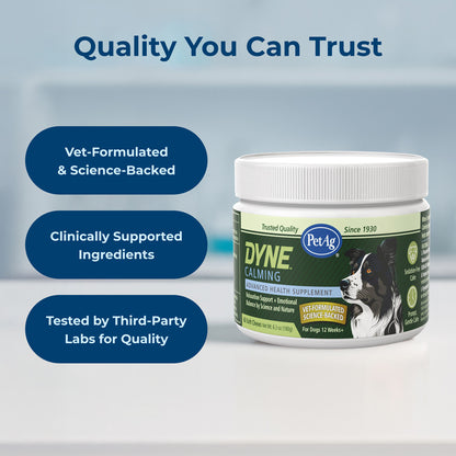 PetAg Dyne Soft Chews Calming Support and Stress Relief from Loud Noises, Travel & Separation Non-Sedative, Chicken Liver Flatvored, 60 Count