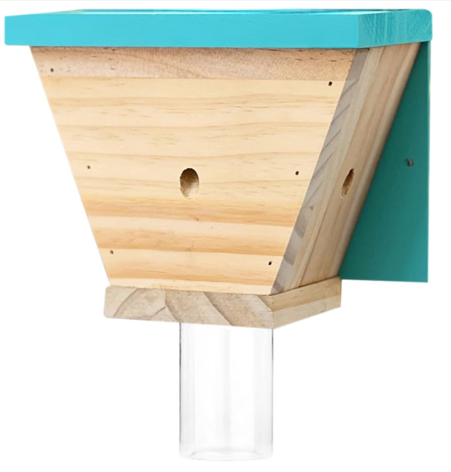 jeffers carpenter bee trap for outdoor use, natural pine wood bee catcher, reusable wooden insect trap with two mounting or hanging options and secure plastic jar for patio, garden, barn - shed style