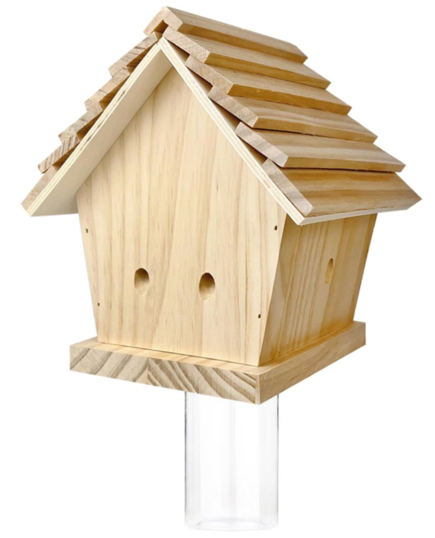 jeffers carpenter bee trap for outdoor use, natural pine wood bee catcher, reusable wooden insect trap with two mounting or hanging options and secure plastic jar for patio, garden, barn - chalet