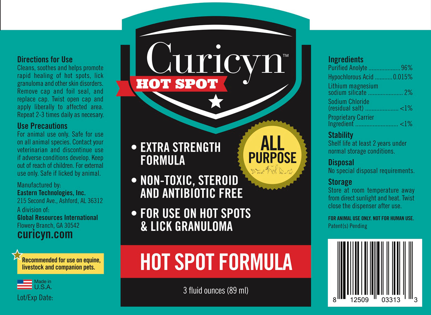 curicyn hot spot formula, 3 oz bottle