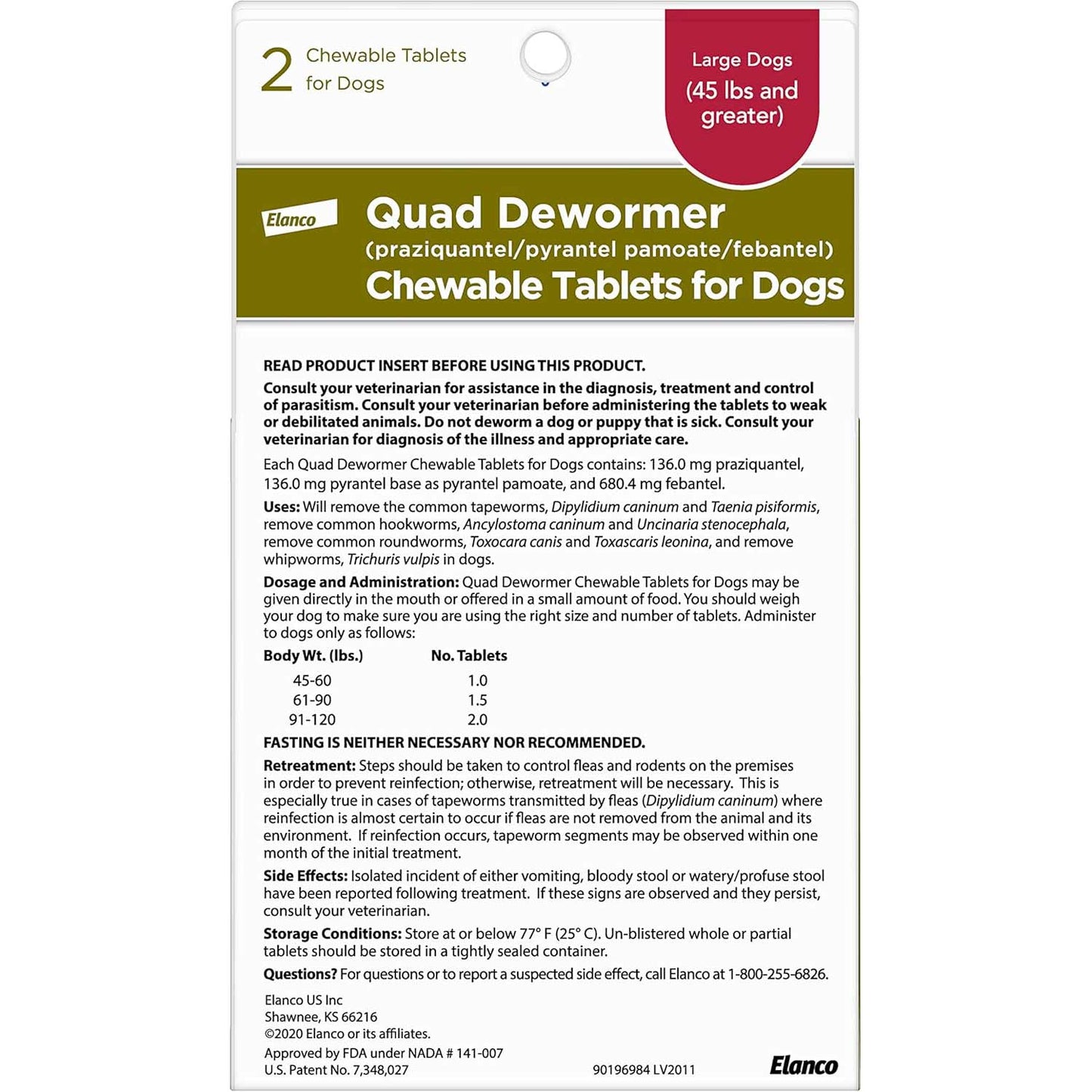 bayer quad dewormer, large dog, 2 chewable tab