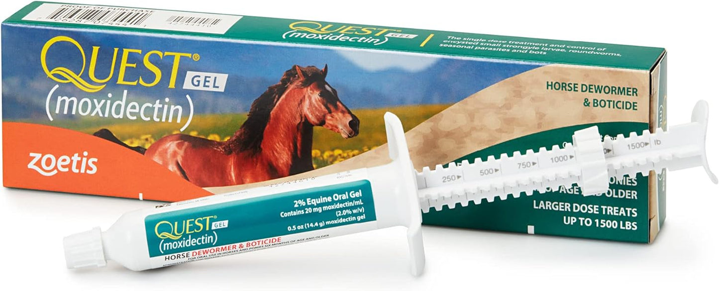 quest gel moxidectin horse dewormer, early grazing season recommended for horses and ponies 6 months and older, 0.5oz sure-dial syringe