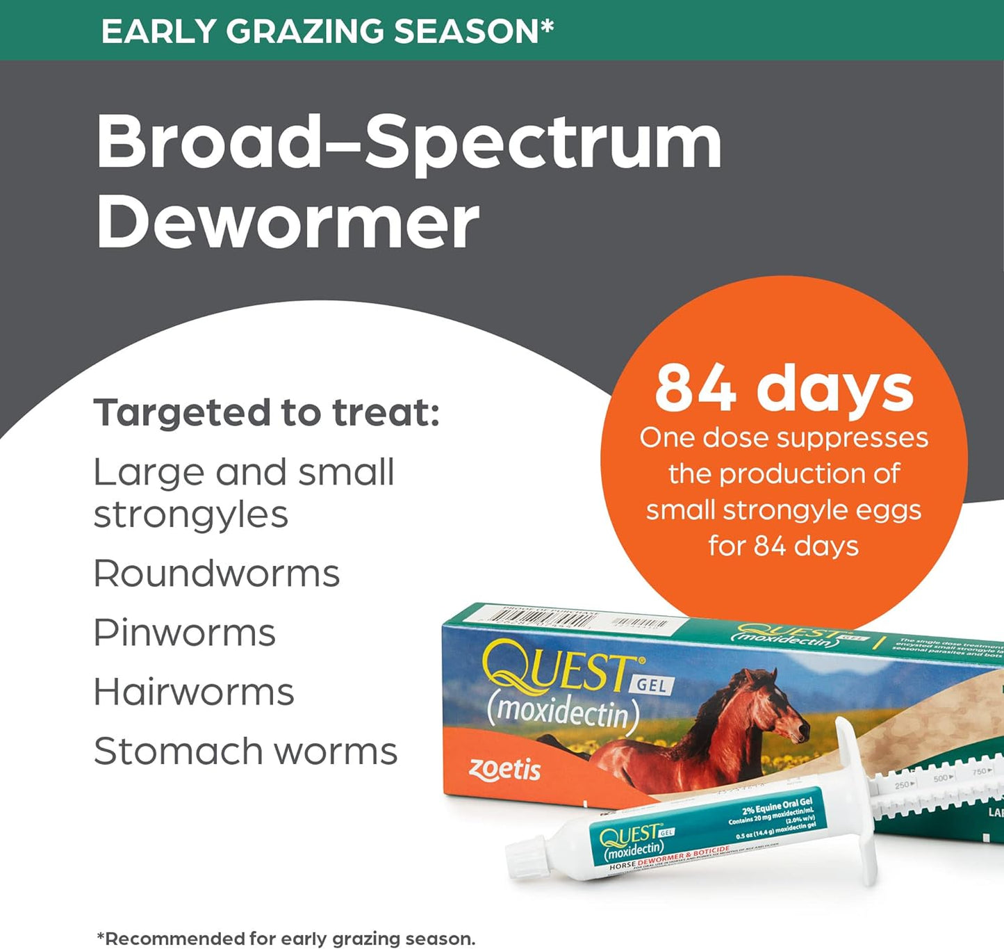 quest gel moxidectin horse dewormer, early grazing season recommended for horses and ponies 6 months and older, 0.5oz sure-dial syringe