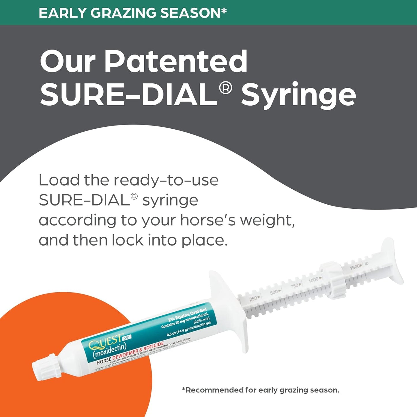 quest gel moxidectin horse dewormer, early grazing season recommended for horses and ponies 6 months and older, 0.5oz sure-dial syringe