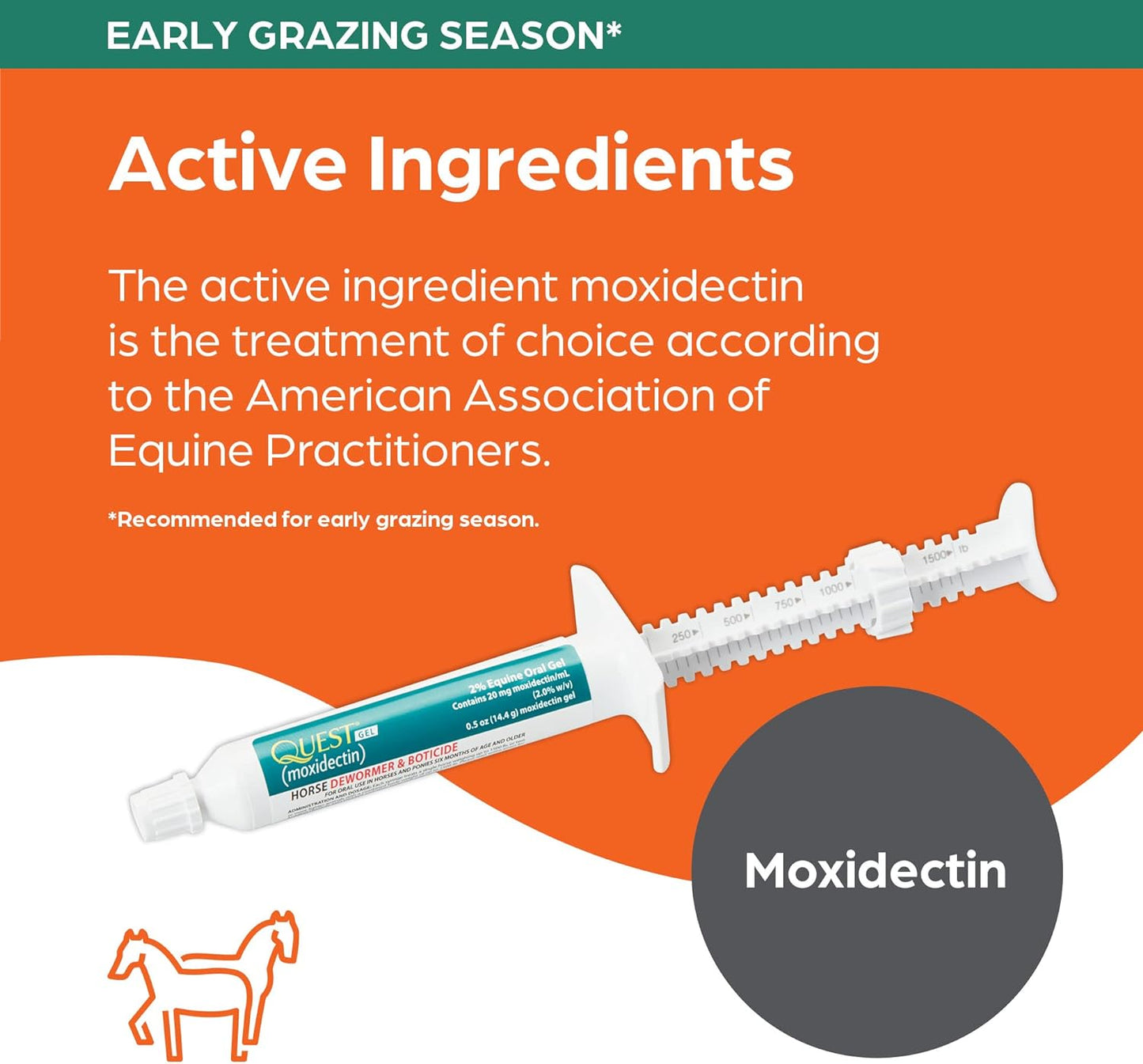 quest gel moxidectin horse dewormer, early grazing season recommended for horses and ponies 6 months and older, 0.5oz sure-dial syringe