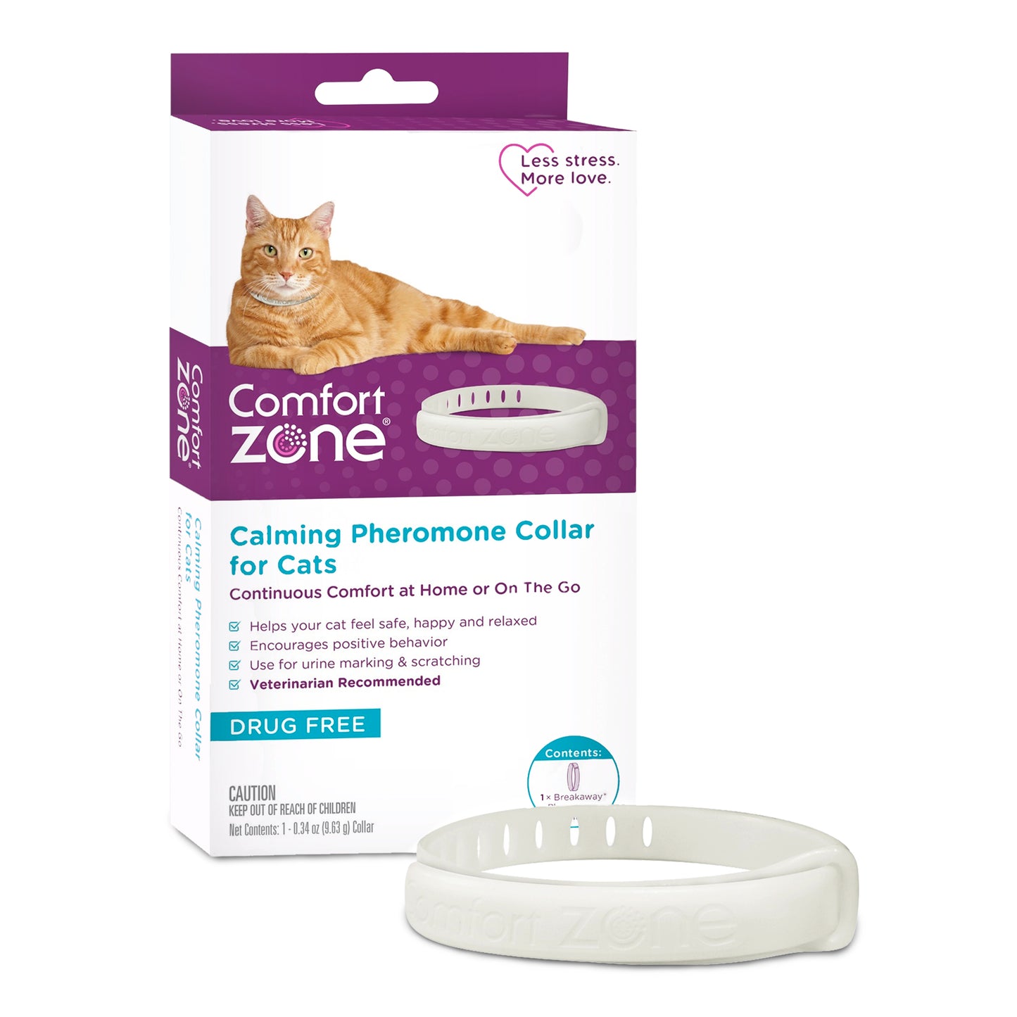 comfort zone cat calming pheromone collar, anxiety & stress relief aid, breakaway design, white, single pack