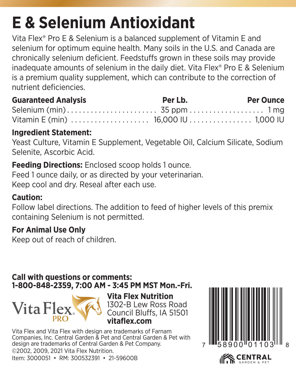 vita flex e and selenium supplement for horses, balanced essential antioxidants, 64 day supply
