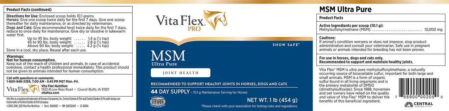 vita flex pro msm quality joint supplement for horses, dogs and cats, 1 lb