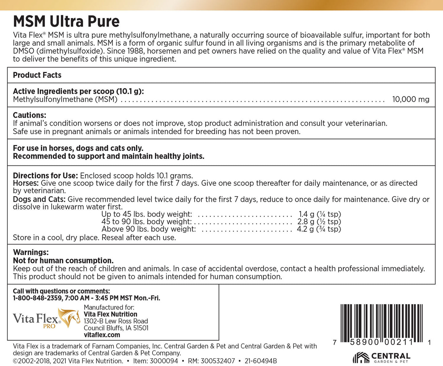 vita flex pro msm quality joint supplement for horses, dogs and cats, 10 lbs