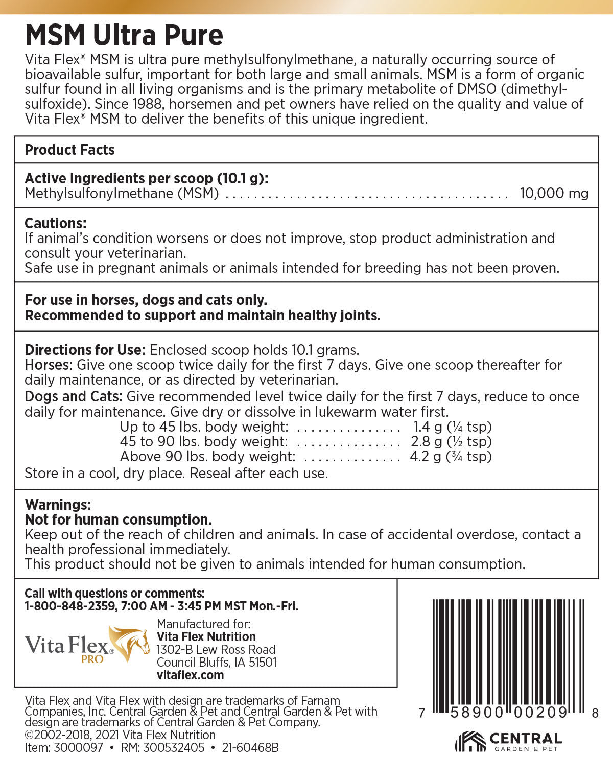 vita flex pro msm quality joint supplement for horses, dogs and cats, 4 lbs