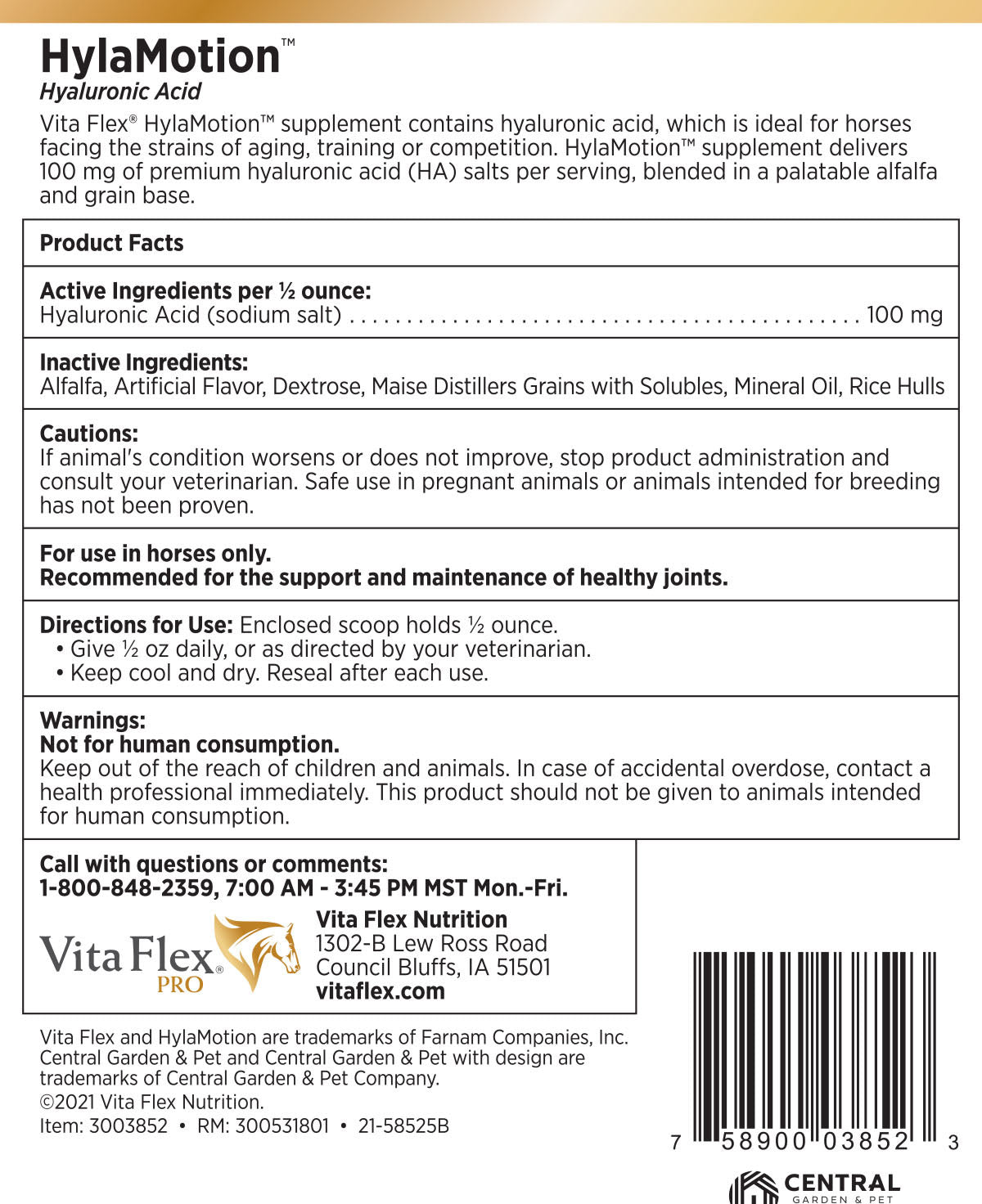 vita flex hylamotion hyaluronic acid joint support formula for horses, 2.5 lbs