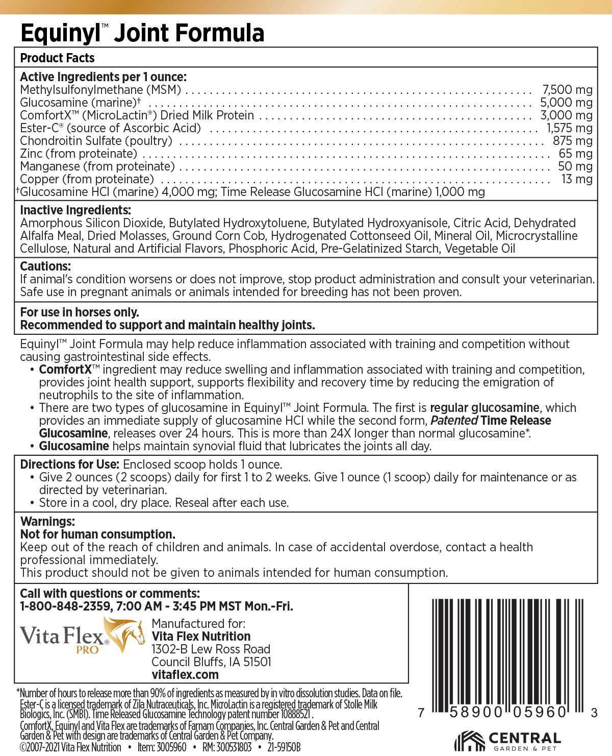 vita flex equinyl combo joint formula horse joint supplement, 60 day supply