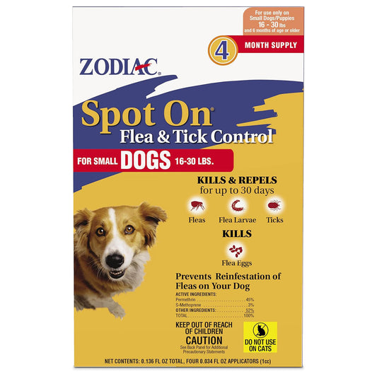Zodiac Spot On Flea & Tick Control Small Dogs 16-30 Pounds 4 Pack