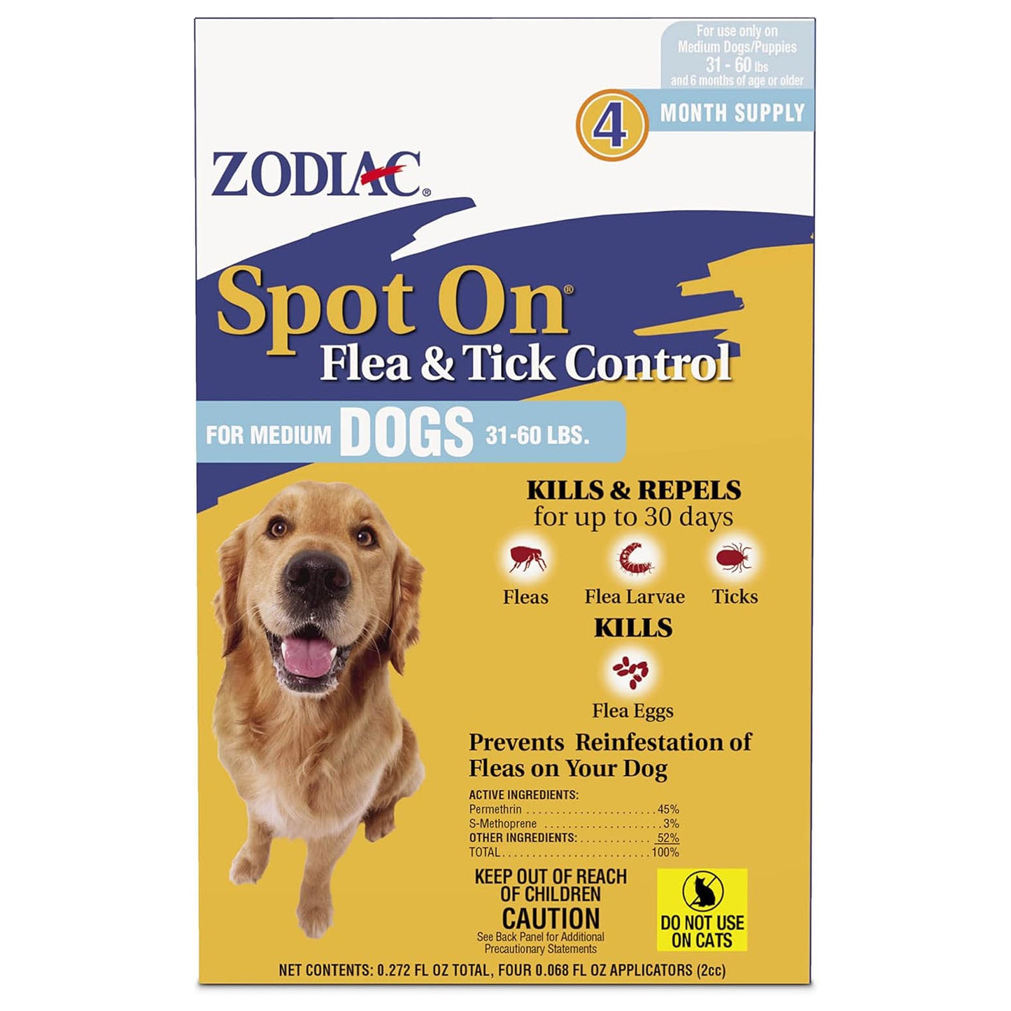 zodiac spot on flea & tick control medium dogs 31-60 pounds 4 pack
