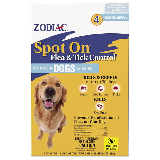 Zodiac Spot On Flea & Tick Control Medium Dogs 31-60 Pounds 4 Pack