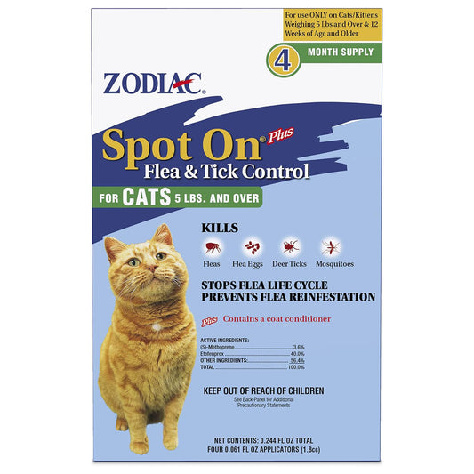 Zodiac Spot On Plus Flea & Tick Control for Cats 5 lbs and Over 4 Pack