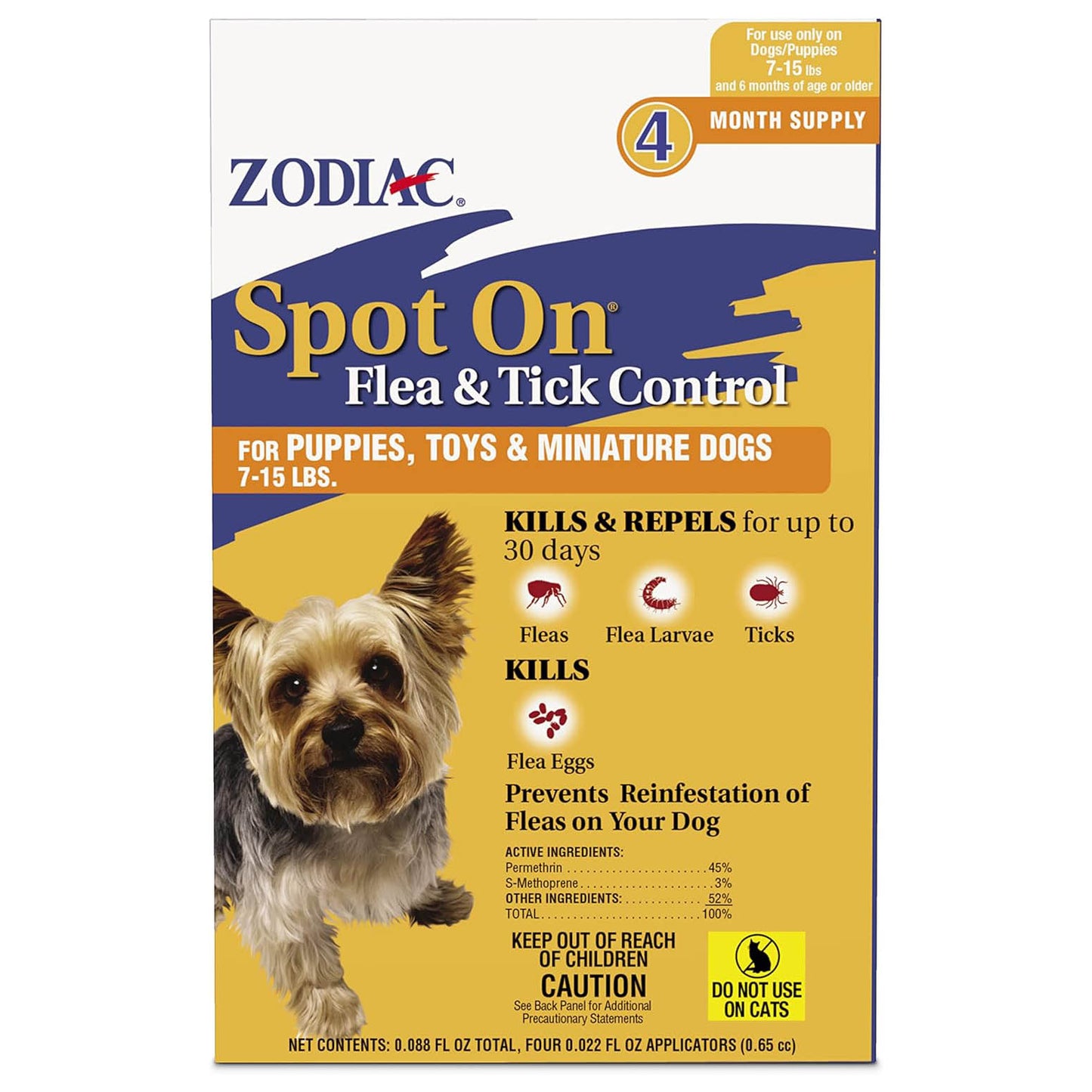 zodiac spot on flea & tick control puppies, toys and miniature dogs 7-15 lbs 4 pack