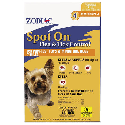 Zodiac Spot On Flea & Tick Control Puppies, Toys and Miniature Dogs 7-15 lbs 4 Pack