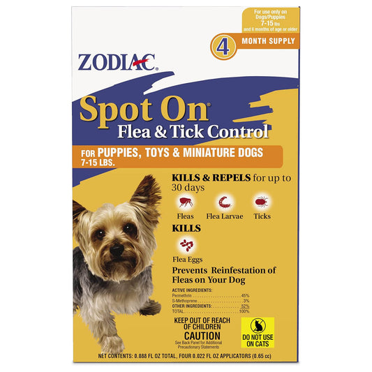 Zodiac Spot On Flea & Tick Control Puppies, Toys and Miniature Dogs 7-15 lbs 4 Pack