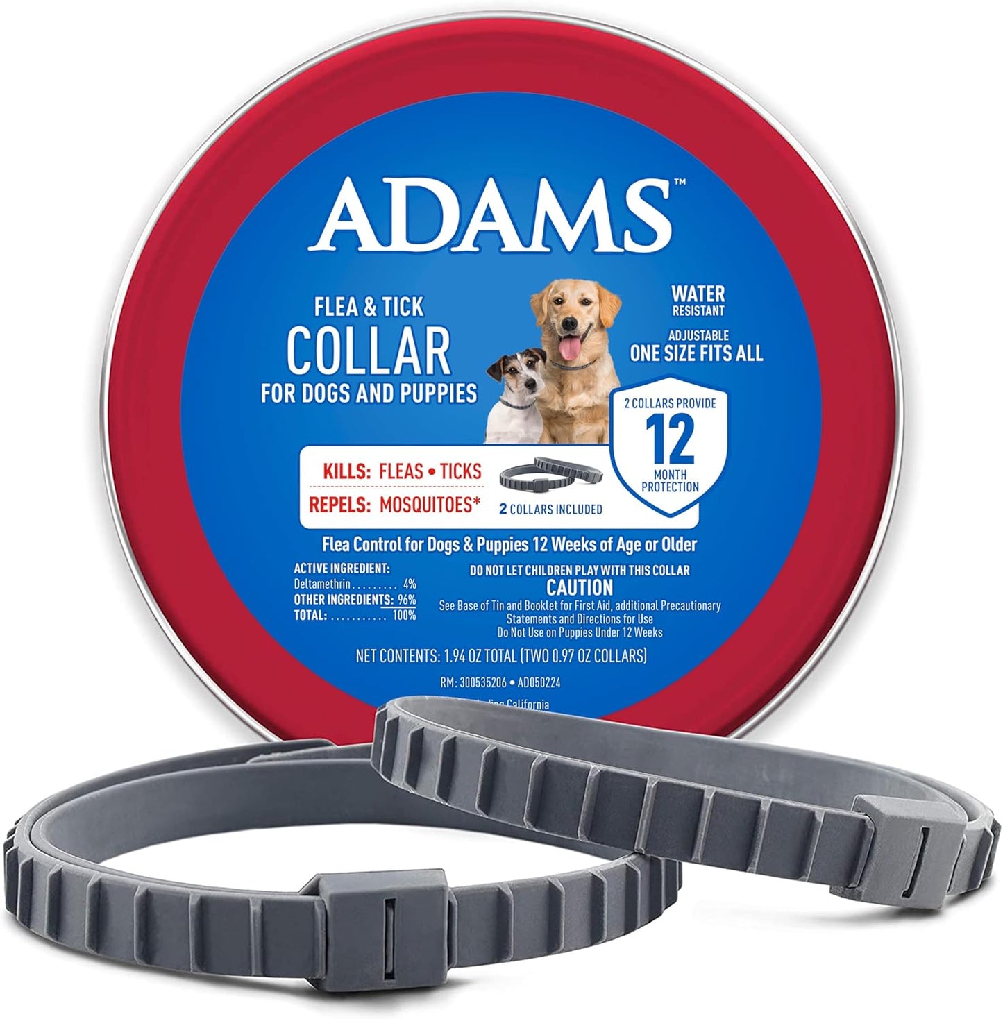 adams flea & tick collar for dogs & puppies, 2 pack, 12 months protection, adjustable one size collar fits all dogs 12 weeks & older