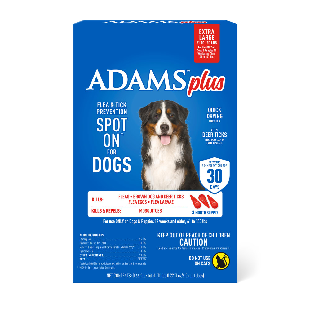 adams plus flea & tick prevention spot on for dogs, x-large dogs 61 to 150 lbs, 3 months