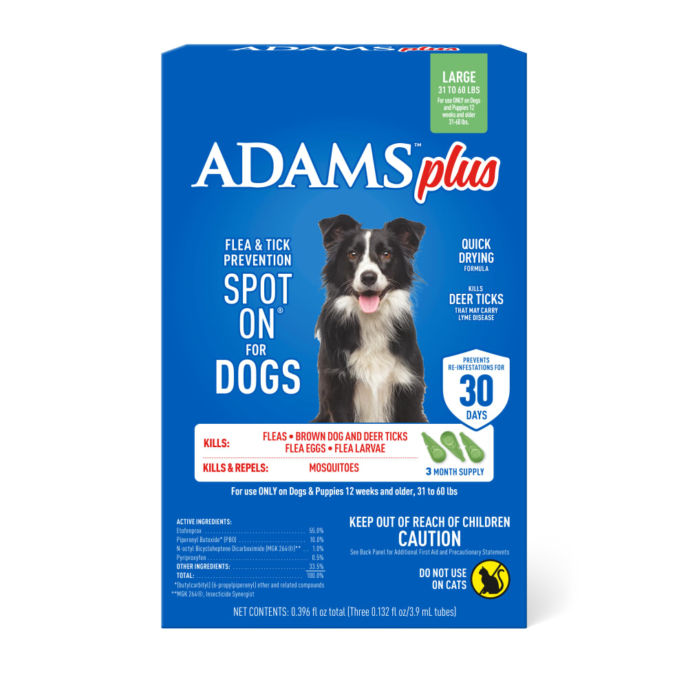 adams plus flea & tick prevention spot on for dogs, large dogs 31 to 60 lbs 3 months
