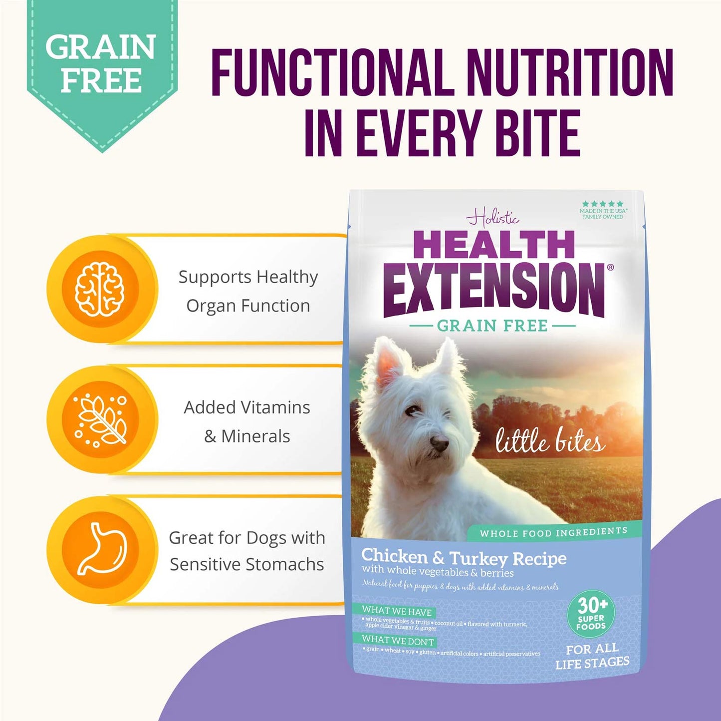 health extension grain free chicken & turkey little bites dry dog food 3.5lb
