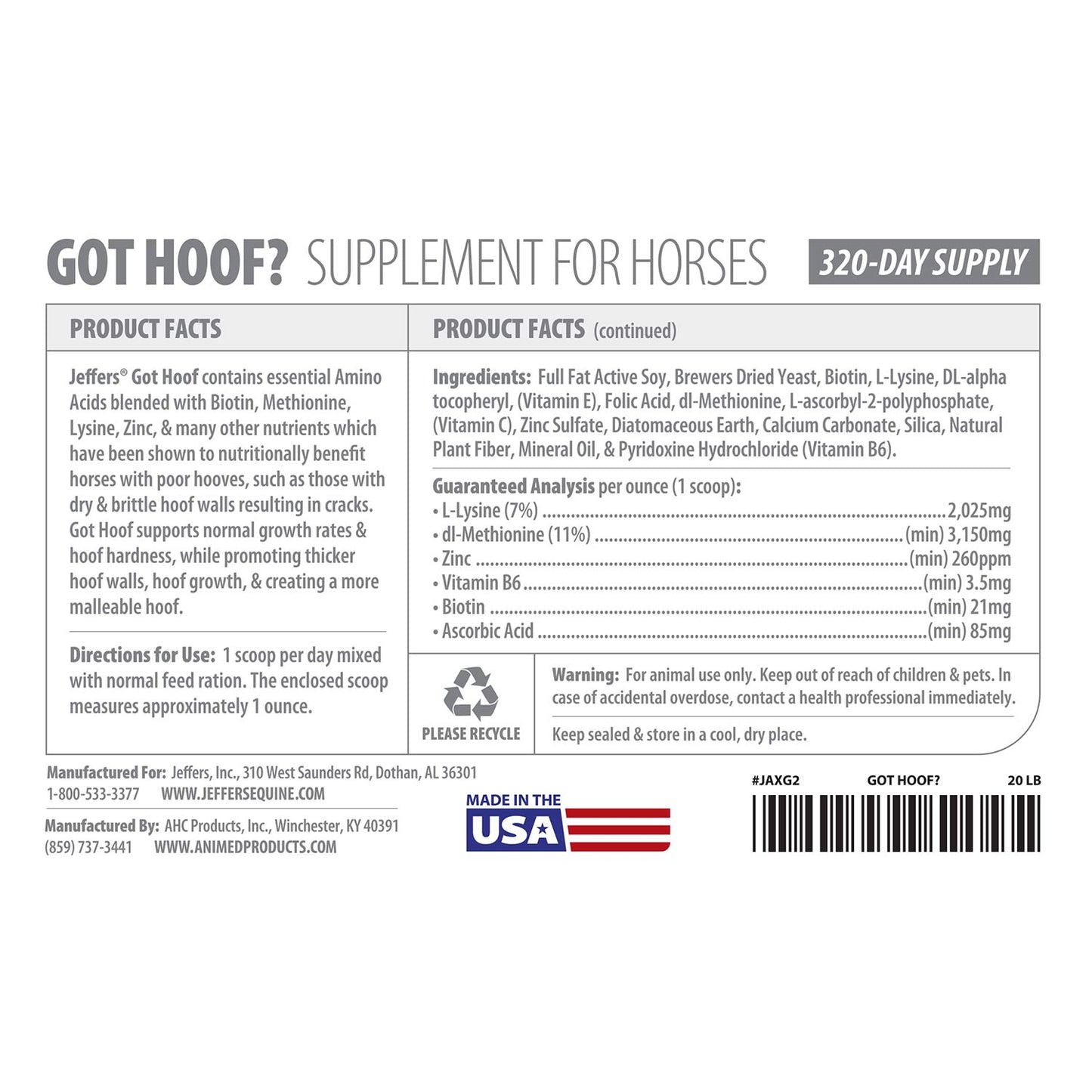 jeffers equine "got hoof?" concentrated horse powder hoof supplement, 10 lbs - biotin, methionine, zinc & amino acids for safe hoof growth, strength, and dry hooves - includes 1 oz scoop