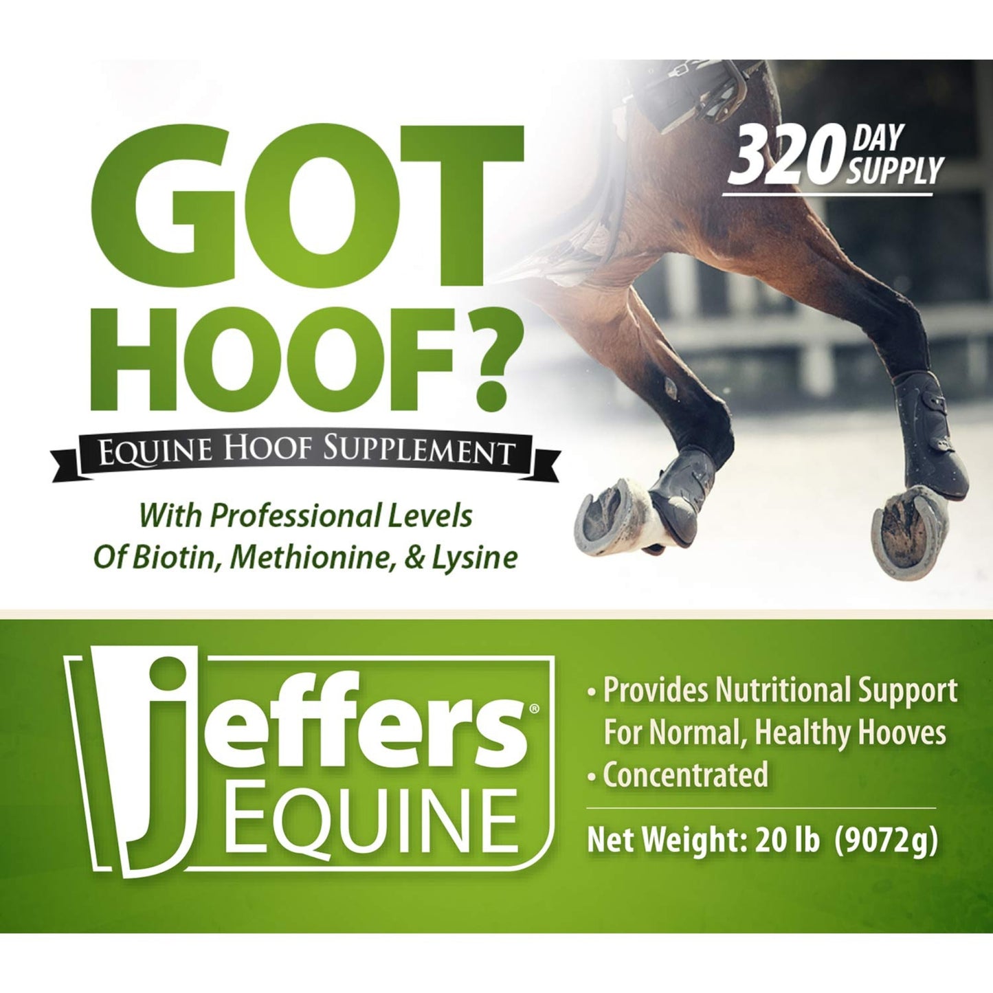 jeffers equine "got hoof?" concentrated horse powder hoof supplement, 20 lbs - biotin, methionine, zinc & amino acids for safe hoof growth, strength, and dry hooves - includes 1 oz scoop