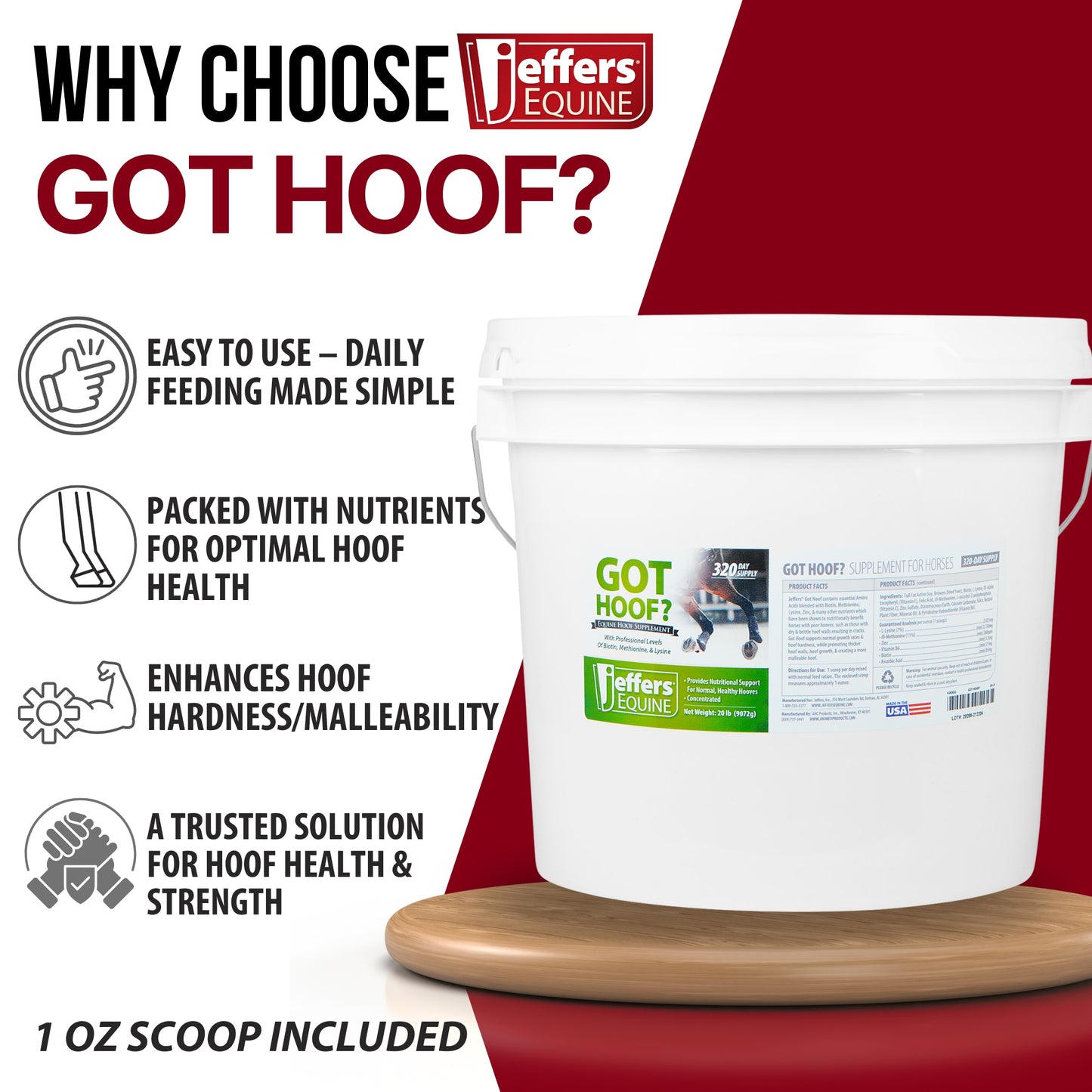 jeffers equine "got hoof?" concentrated horse powder hoof supplement, 20 lbs - biotin, methionine, zinc & amino acids for safe hoof growth, strength, and dry hooves - includes 1 oz scoop