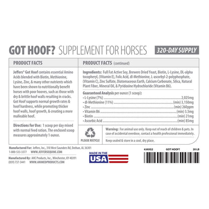 Jeffers Equine "Got Hoof?" Concentrated Horse Powder Hoof Supplement, 20 lbs - Biotin, Methionine, Zinc & Amino Acids for Safe Hoof Growth, Strength, and Dry Hooves - Includes 1 oz Scoop