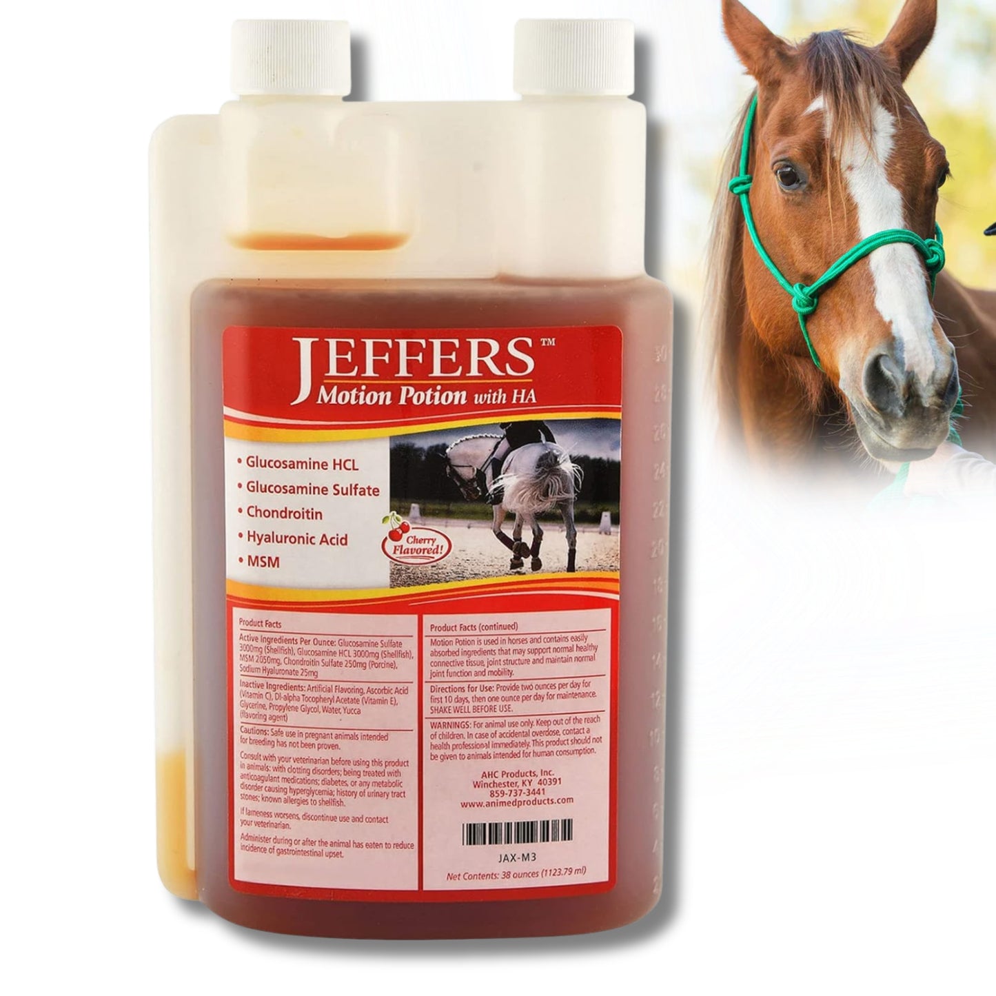 jeffers equine motion potion liquid horse joint supplement with ha, cherry flavor – glucosamine, msm, chondroitin, hyaluronic acid – mobility support for horses – 38 oz bottle – up to 38 servings