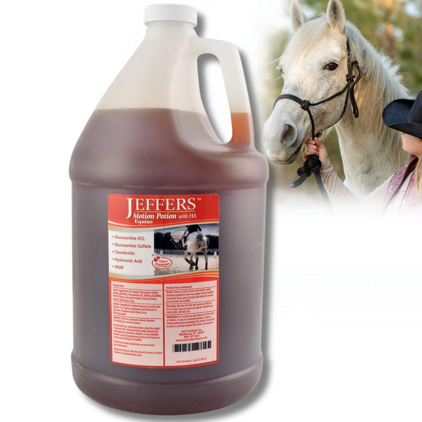 jeffers equine motion potion liquid horse joint supplement with ha, cherry flavor – glucosamine, msm, chondroitin, hyaluronic acid – mobility support for horses – 1 gallon jug – up to 128 serving