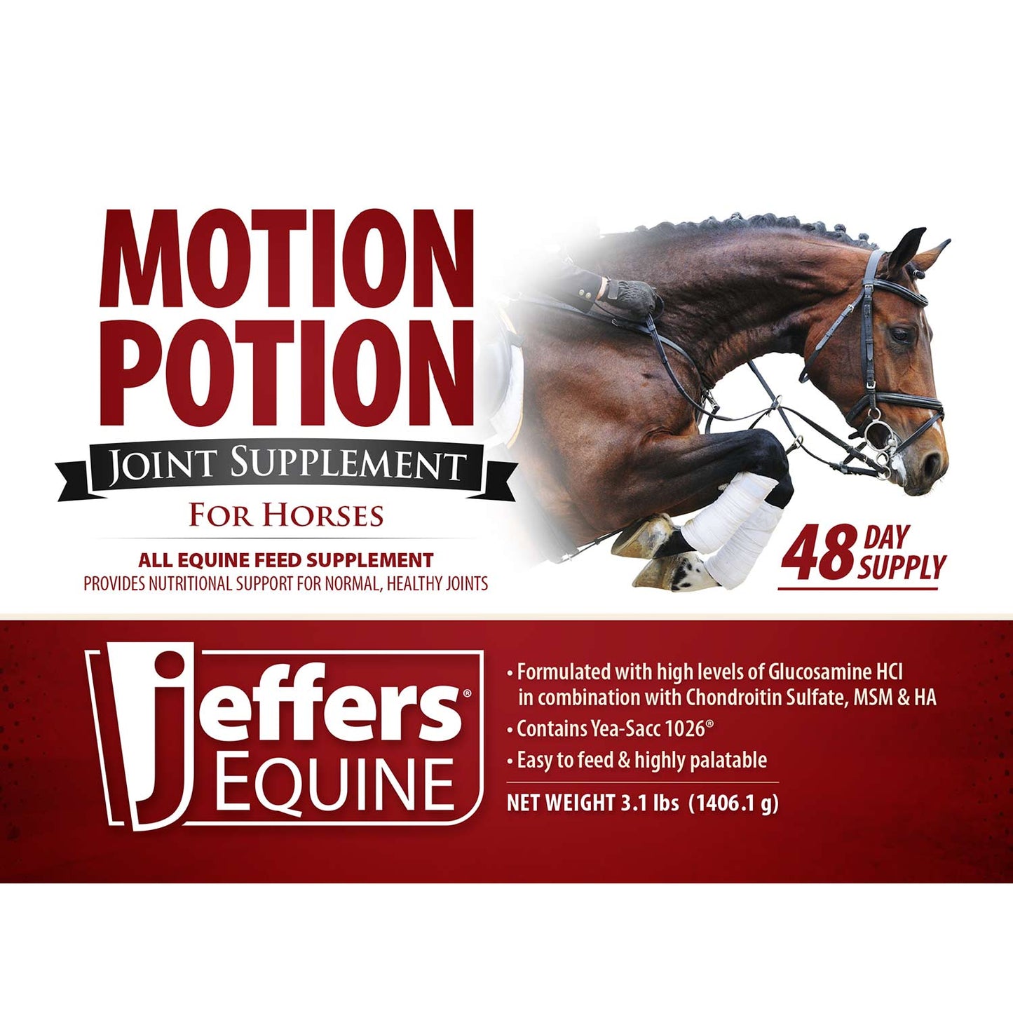 jeffers motion potion horse joint supplement pellets – glucosamine hcl, msm, chondroitin, hyaluronic acid, vitamin c & e, daily equine support for senior & active horses – 3.1, lbs 48 day supply