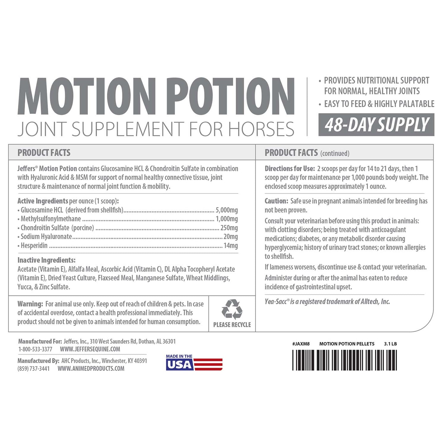 jeffers motion potion horse joint supplement pellets – glucosamine hcl, msm, chondroitin, hyaluronic acid, vitamin c & e, daily equine support for senior & active horses – 3.1, lbs 48 day supply