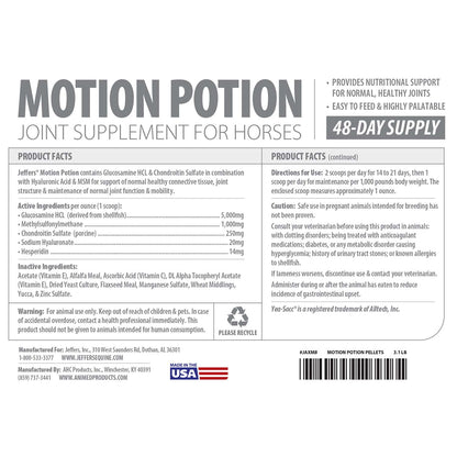 Jeffers Motion Potion Horse Joint Supplement Pellets – Glucosamine HCL, MSM, Chondroitin, Hyaluronic Acid, Vitamin C & E, Daily Equine Support for Senior & Active Horses – 3.1, lbs 48 Day Supply