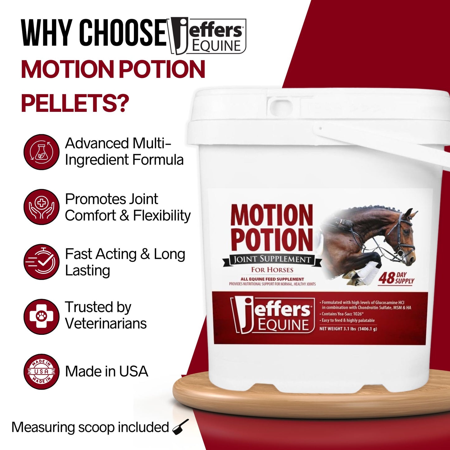 jeffers motion potion horse joint supplement pellets – glucosamine hcl, msm, chondroitin, hyaluronic acid, vitamin c & e, daily equine support for senior & active horses – 3.1, lbs 48 day supply