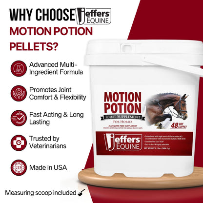 Jeffers Motion Potion Horse Joint Supplement Pellets – Glucosamine HCL, MSM, Chondroitin, Hyaluronic Acid, Vitamin C & E, Daily Equine Support for Senior & Active Horses – 3.1, lbs 48 Day Supply